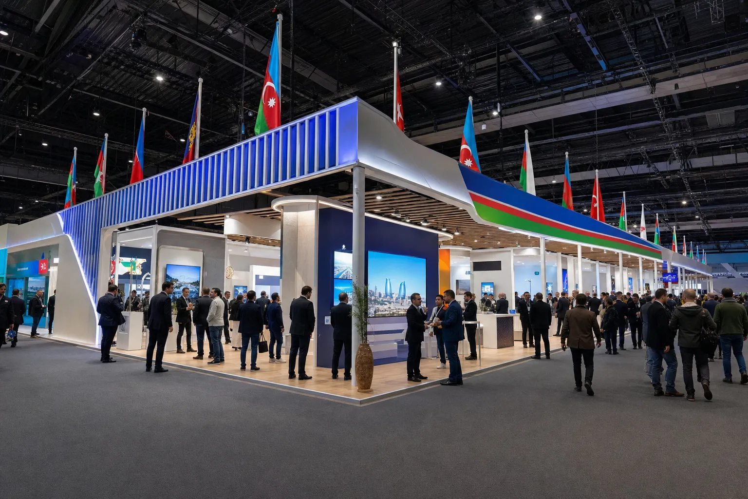 Lounge-style exhibition stand with branded furniture and plants